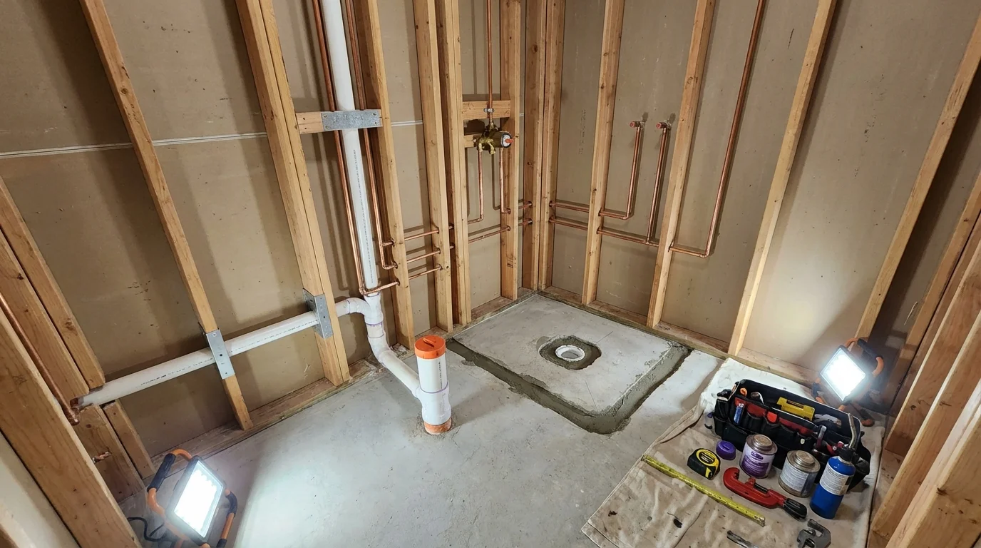 Bathroom rough-in plumbing during remodel by Johns Plumbing LLC in Markesan