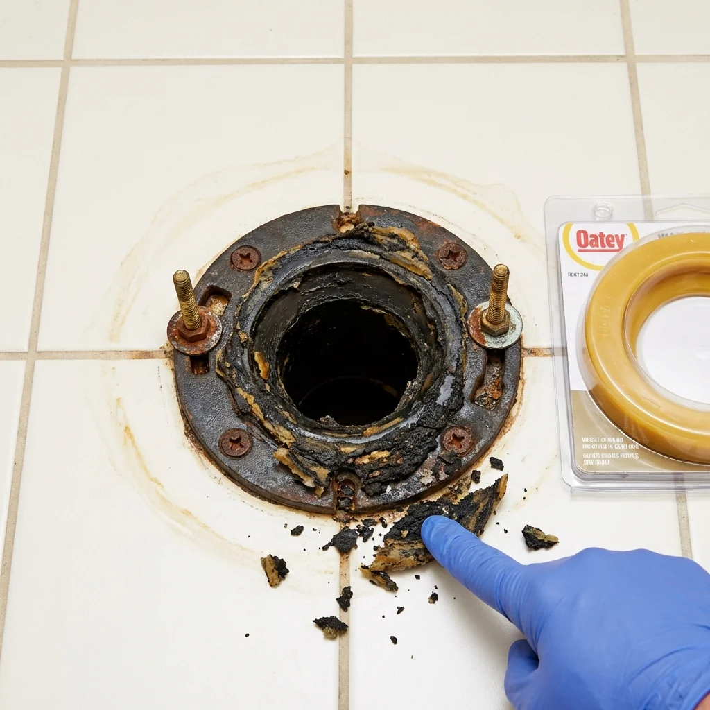 Failed wax ring showing water seepage at the base of a toilet in a Markesan, WI home