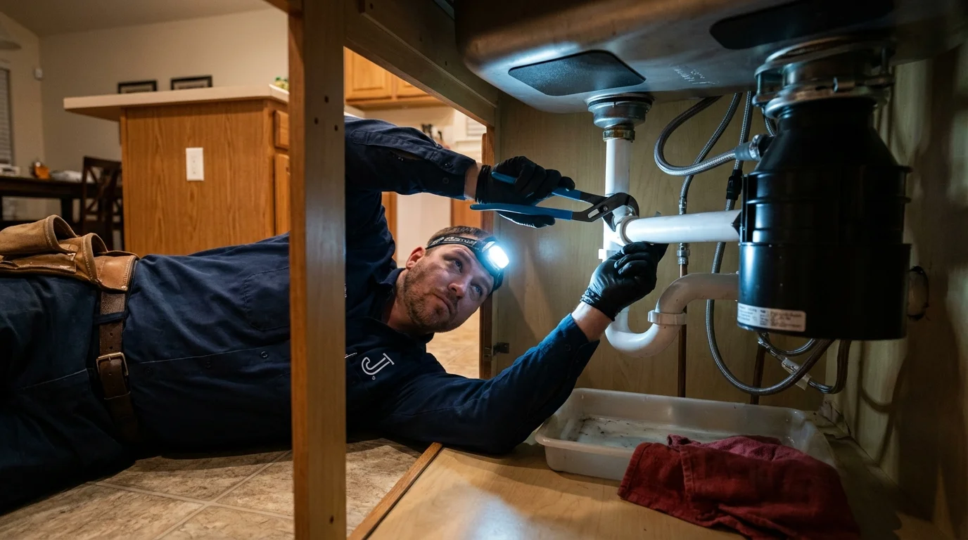 P-trap and supply line connections under a kitchen sink showing a common leak point in Markesan, WI